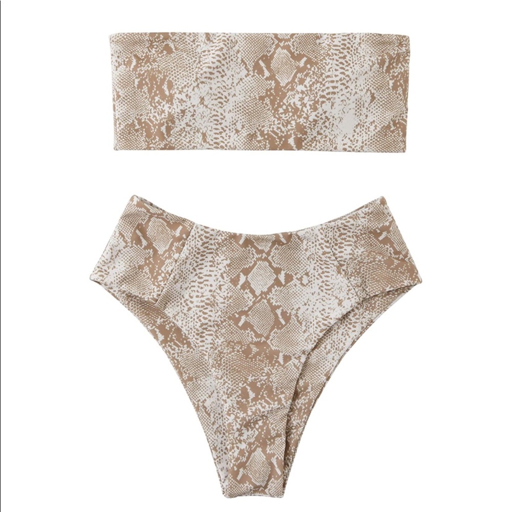 NEW Nude Neutral Snakeskin Printed Bandeau High Leg High Waisted Bikini Set